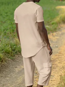 Men's waffle knit short sleeve t-shirt and cargo shorts set detail view in beige.