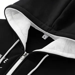 Black zip-up hoodie detail view, comfortable men's fleece sweatshirt with hood and drawstrings.