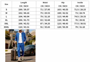 Gedetailleerde maattabel en modelpresentatie voor casual herenjoggingbroeken met strepen.