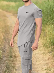 Mens grey short sleeve t-shirt cargo shorts set casual comfortable summer outfit activewear
