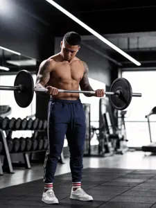 Fitness detail weergave van heren casual joggingbroek met stijlvolle zijstrepen en pasvorm.