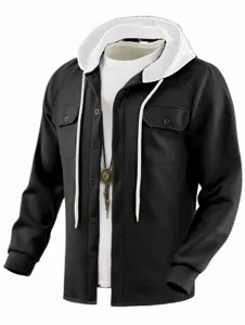 Chemise homme jacquard manches longues capuchon slim fit bloc de couleur boutons automne