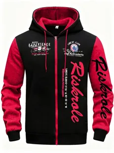 Men's Fall Winter Zip-Up Hooded Sweatshirt Black Red Colorblock Casual Jacket Streetwear