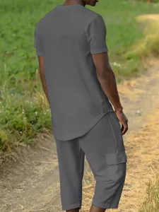 Men's casual short sleeve t-shirt and cargo shorts set, breathable waffle knit fabric.