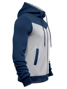 Men contrast color zip hoodie detail view, showing the blue and grey sleeve and pocket design.