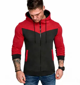 Men's colorblock zip-up hoodie featuring contrast red and black panels and a practical hood.