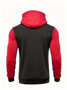 Detailed back view of men's color-block hooded sweatshirt in striking red and black design.