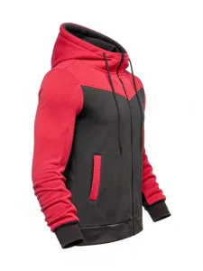 Detail view of men color block zip hoodie, hood with drawstrings, ribbed cuffs and pockets.