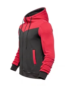 Close-up detail of men's color-block hooded zip sweatshirt, ribbed cuffs and pockets.