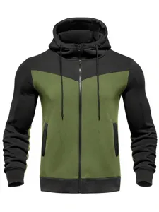 Men's colorblock zip-up hoodie casual outdoor sportswear with hood and drawstring features.