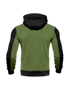 Men's patchwork outdoor sports hoodie back view detail, comfortable long sleeve hooded top.
