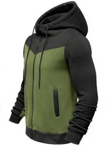 Men's color block zip up hoodie detailed view, athletic fleece outerwear for outdoor sports.