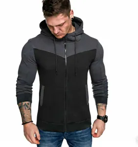 Detailed view of men's color-block zippered hoodie with drawstring hood and front pockets.