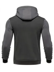 Back view detail of men color-blocked tactical sportswear hoodie, grey tones, ribbed cuffs.