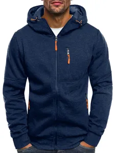 Men's athletic zip-up hooded sweatshirt with orange drawstrings, front detail view of sportswear.