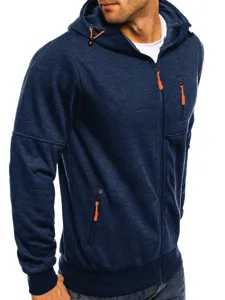 Closeup of men's dark blue zip-up hooded sweatshirt featuring vibrant orange zipper pulls.