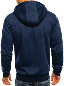 Back detail view of a dark blue melange fleece hooded sweatshirt, casual men's pullover.