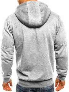 Back view detail of mens casual grey hooded sportswear sweatshirt with long sleeves.