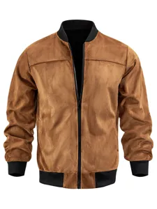 Detailansicht Herren Kunst-Wildleder Bomberjacke mit Reißverschluss und Rippstrick im Herbst.