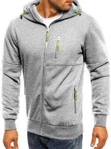 Grey zip-up hoodie detail featuring neon green zipper pulls, drawstrings and convenient pockets.