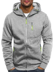 Men's casual zip-up hooded sweatshirt with contrast neon drawstrings and functional pockets.
