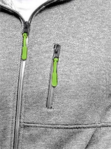Close-up detail of grey fleece zip-up hoodie featuring contrasting neon green zipper pulls.