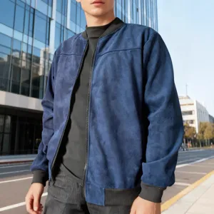 Herren blaue Wildleder Bomberjacke langarm Freizeit Reißverschluss Herbst Oberbekleidung