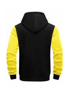 Men's black yellow colorblock hoodie long sleeve casual hooded sweatshirt autumn wear.