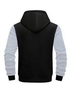 Men's color block hooded sweatshirt back view detail featuring contrast sleeves and cozy fit.