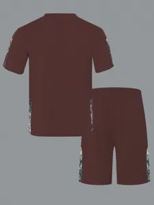 Ensemble t-shirt short homme gaufre casual marron streetwear tenue d'été mode chic