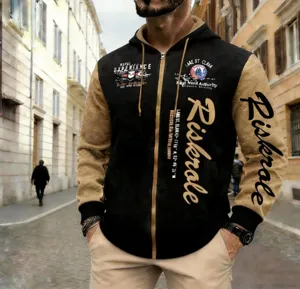 Mens Colorblock Zip Up Hoodie Autumn Winter Casual Hooded Sweatshirt With Sleeve Prints