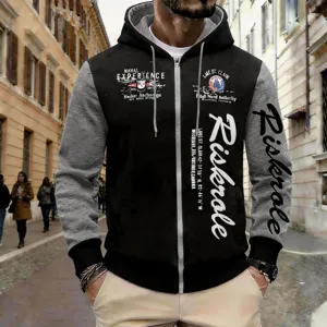 Men's color block zip up hoodie with graphic print casual long sleeve hooded sweatshirt