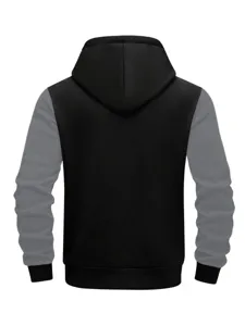 Back view of a color block hooded sweatshirt with grey sleeves and black body detail