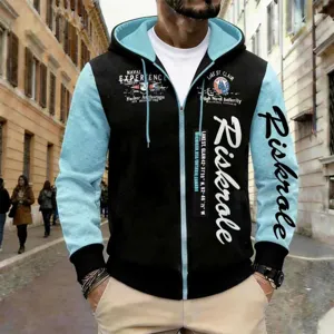Men's colorblock zip-up hoodie with hood, drawstrings, and graphic prints for autumn.