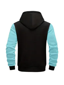 Men color block hooded sweatshirt back view, casual long sleeve fleece hoodie top.