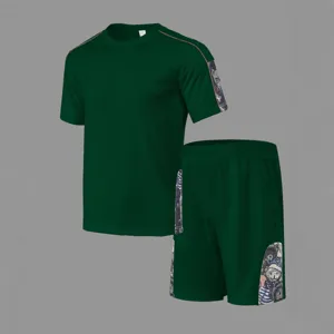 Men waffle short sleeve t-shirt and shorts set casual sportswear with printed side panel