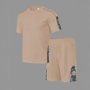 Men's casual waffle short sleeve t-shirt and shorts matching set with print side panel