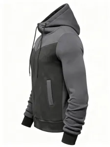 Detail view of men's color-block full-zip hooded sweatshirt with ribbed cuffs and pockets.