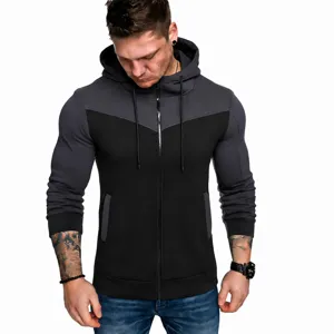 Men's color-block zip-up hooded sweatshirt, casual outdoor sports jacket for autumn winter.