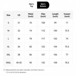 Men's casual sportswear pants size chart detailing waist, hip, and length measurements.