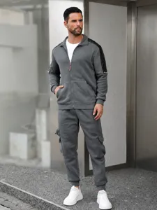 Detail view of men's casual grey tracksuit, zip-up stand collar jacket and cargo sweatpants.
