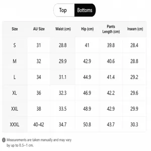 Men's pants size chart detail showing precise waist, hip, and length measurements for fitting.