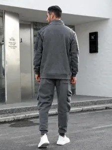 Men's casual tracksuit detail back view, grey stand-up collar jacket with cargo pants.