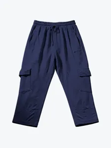 Men's dark blue tactical cargo crop pants featuring elastic drawstring waist and multi-pockets.