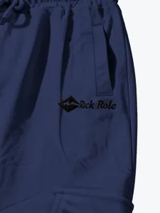 Men's casual cargo trousers detail dark blue drawstring waist multiple pockets style