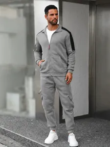 Detailed view of the men's grey casual stand collar tracksuit jacket and long pants set.