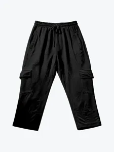 Black tactical cargo capri pants with elastic drawstring waist and functional pockets.