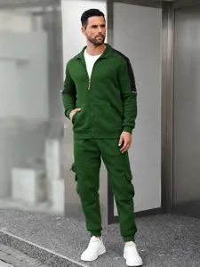 Men casual green tracksuit set with stand collar long sleeve jacket and cargo pants detail.