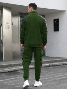 Back view detail of men's green casual tracksuit with mock neck and cargo pants.