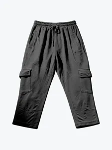 Men's loose fit cargo pants detail view featuring elastic drawstring waist and multiple functional pockets.